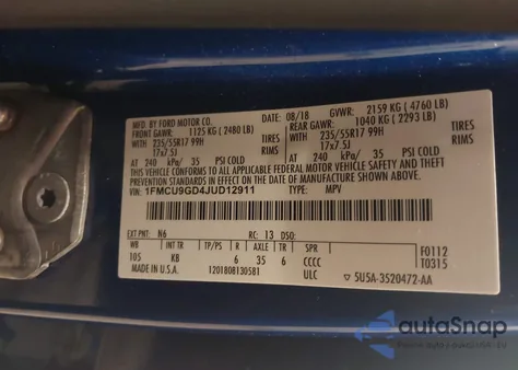 2018 Ford Escape Se из США, поврежденный, VIN 1FMCU9GD4JUD12911